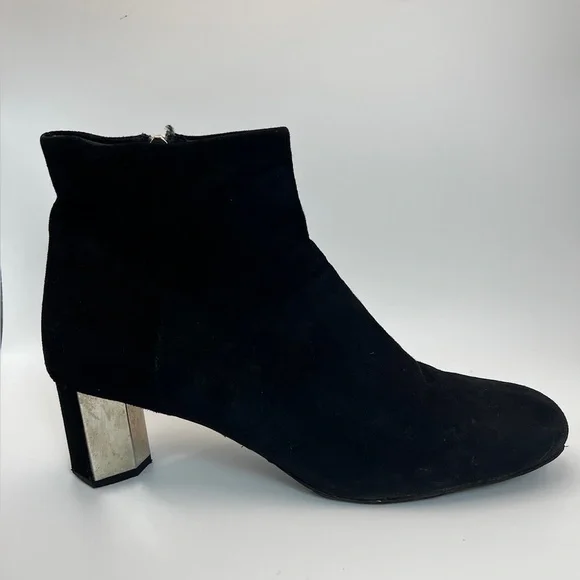 Prada Black Suede Block Heeled Booties with mirror detail on heel 37.5